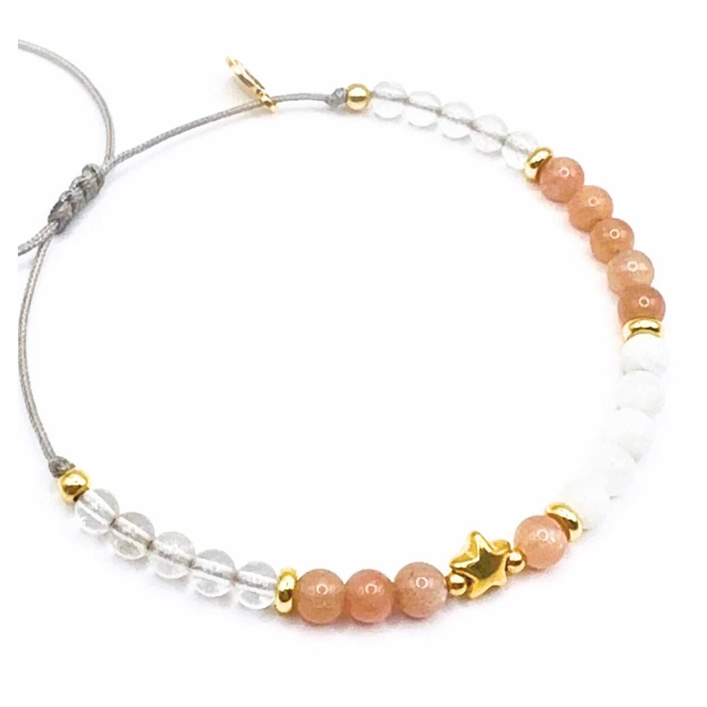 „A KISS GOODNIGHT“ – Sternenkindarmband in Roségold oder Gold mit Weißem Achat, Pfirsich-Mondstein & Bergkristall