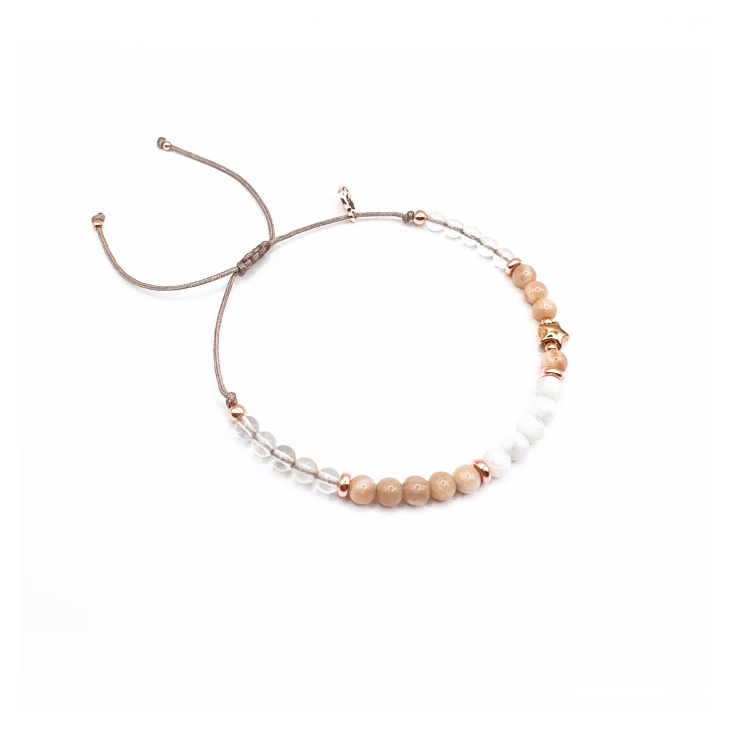 „A KISS GOODNIGHT“ – Sternenkindarmband in Roségold oder Gold mit Weißem Achat, Pfirsich-Mondstein & Bergkristall