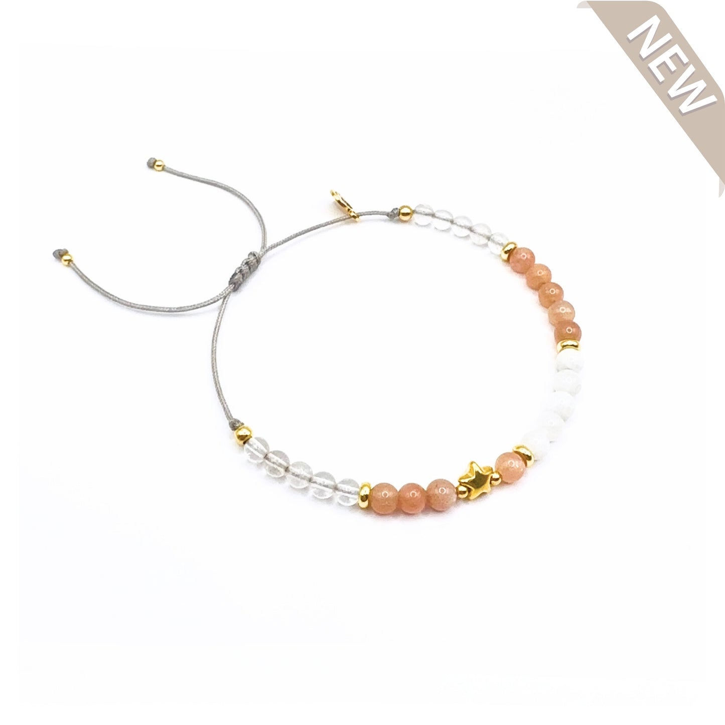 „A KISS GOODNIGHT“ – Sternenkindarmband in Roségold oder Gold mit Weißem Achat, Pfirsich-Mondstein & Bergkristall