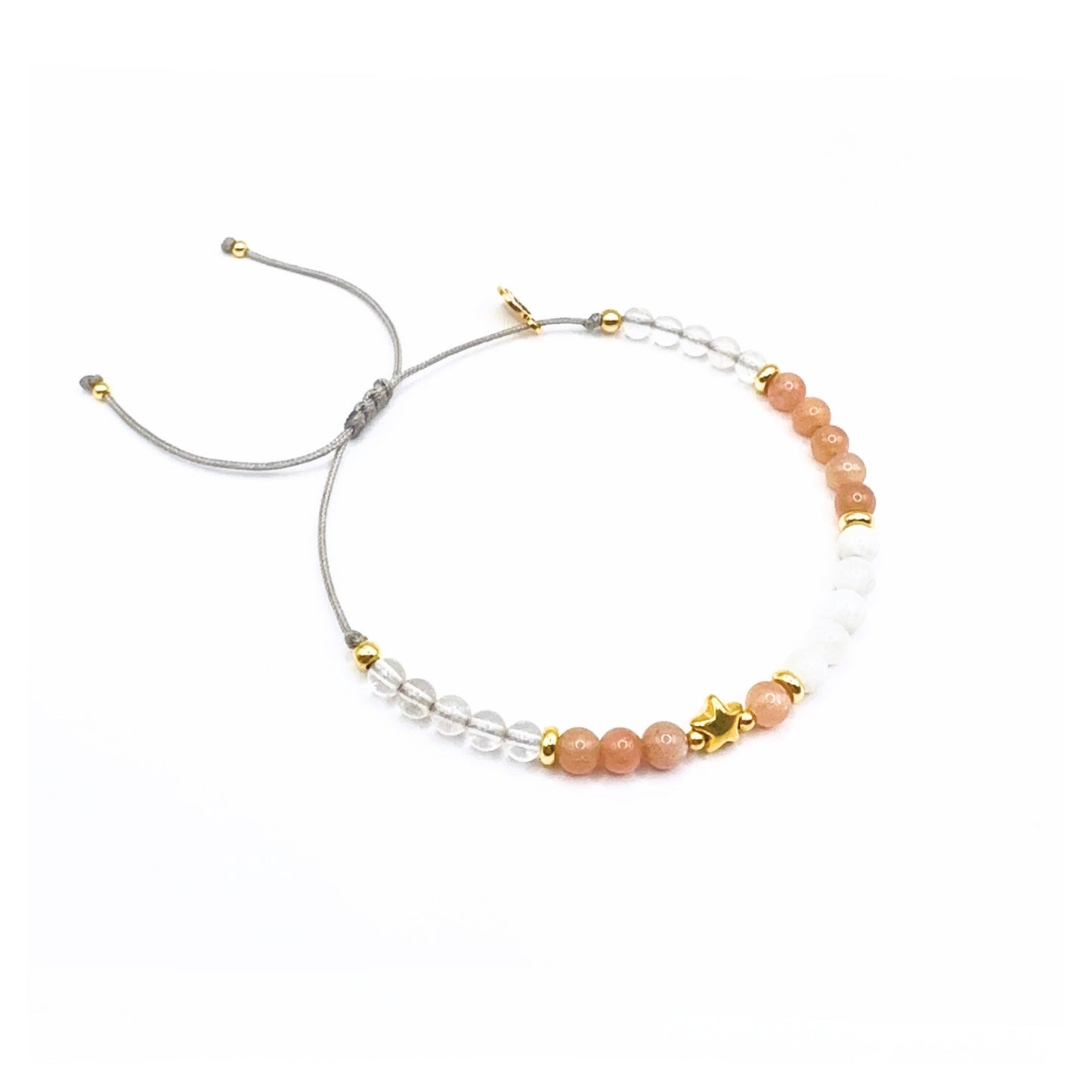 „A KISS GOODNIGHT“ – Sternenkindarmband in Roségold oder Gold mit Weißem Achat, Pfirsich-Mondstein & Bergkristall