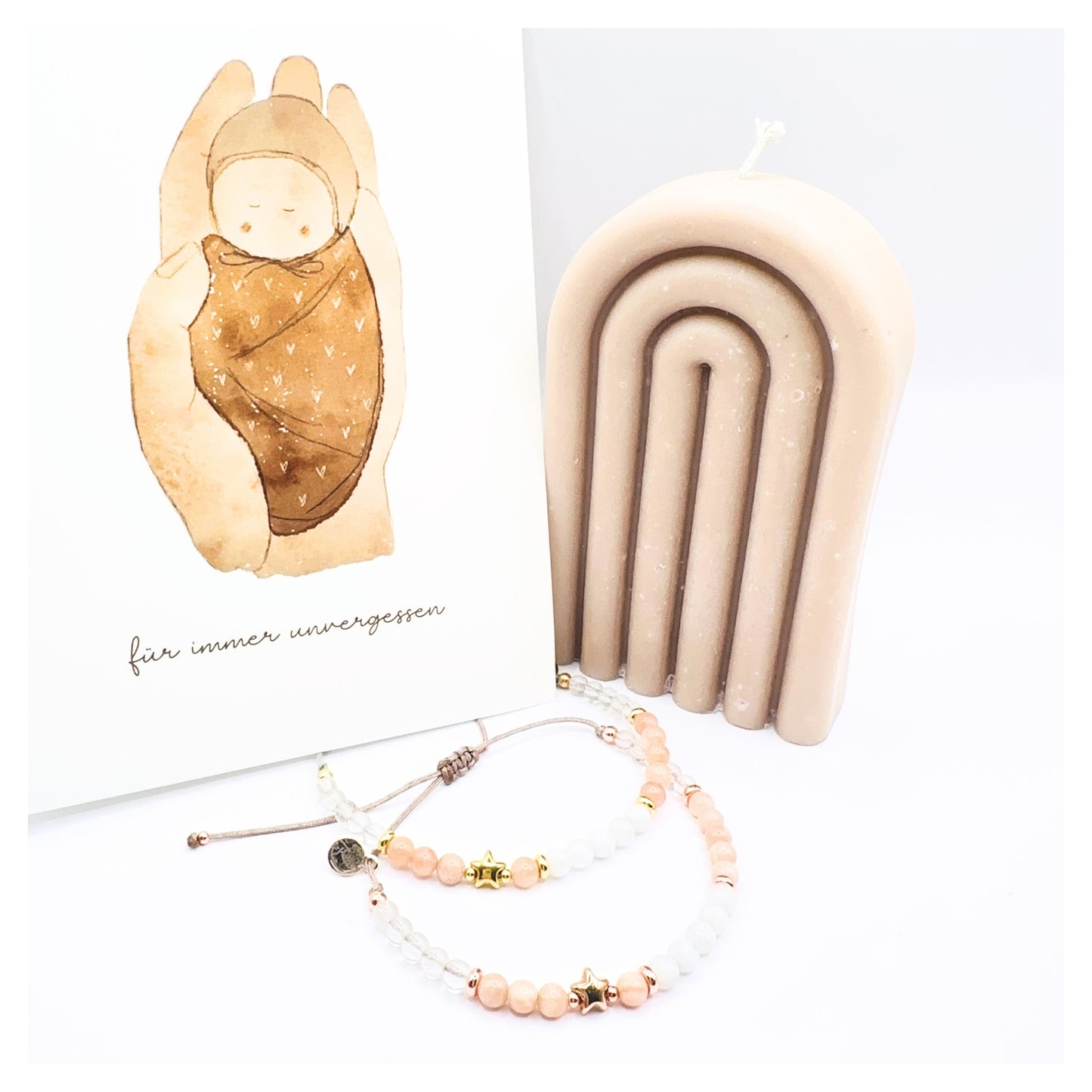 „A KISS GOODNIGHT“ – Sternenkindarmband in Roségold oder Gold mit Weißem Achat, Pfirsich-Mondstein & Bergkristall