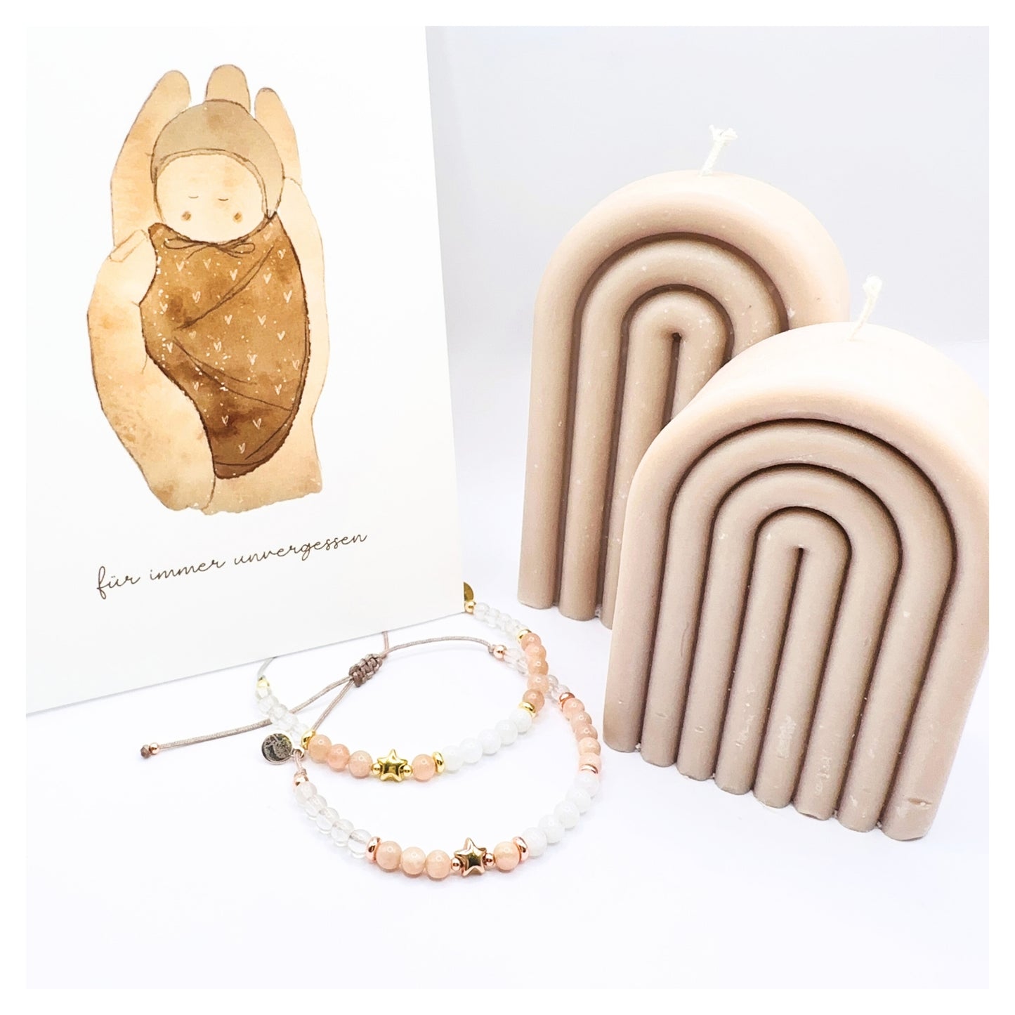 „A KISS GOODNIGHT“ – Sternenkindarmband in Roségold oder Gold mit Weißem Achat, Pfirsich-Mondstein & Bergkristall