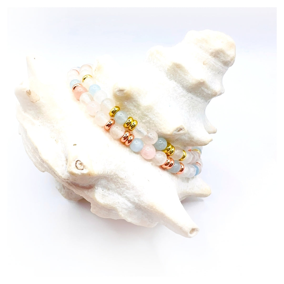 Fruchtbarkeit Ausgeglichenheit Harmonie Schilddrüse "HELLO WORLD" Aquamarin Weiße Jade Rosenquarz gold & rosé